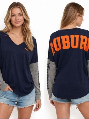 PINK Victoria's Secret Navy V-Neck Long Sleeve Tee with Orange Auburn Logo